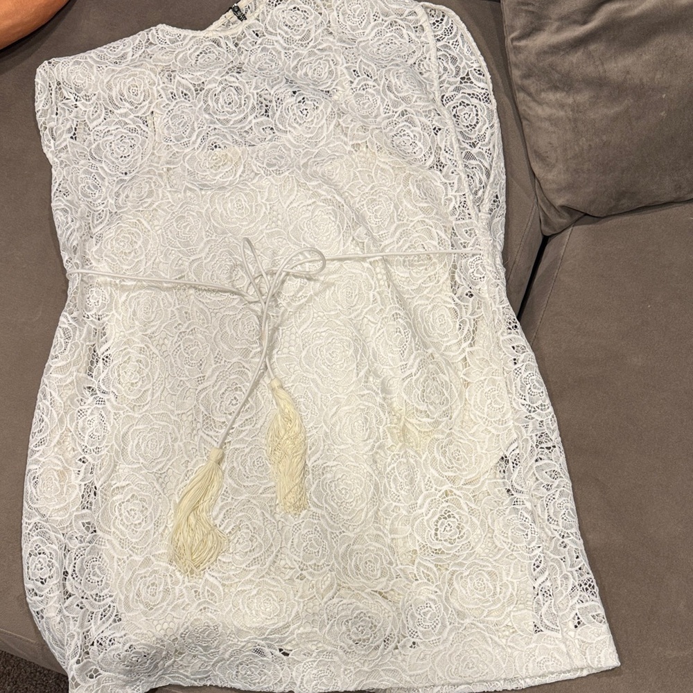 McQueen McQ label. Elegant White Lace Dress with Tassel Tie and slip attached.
